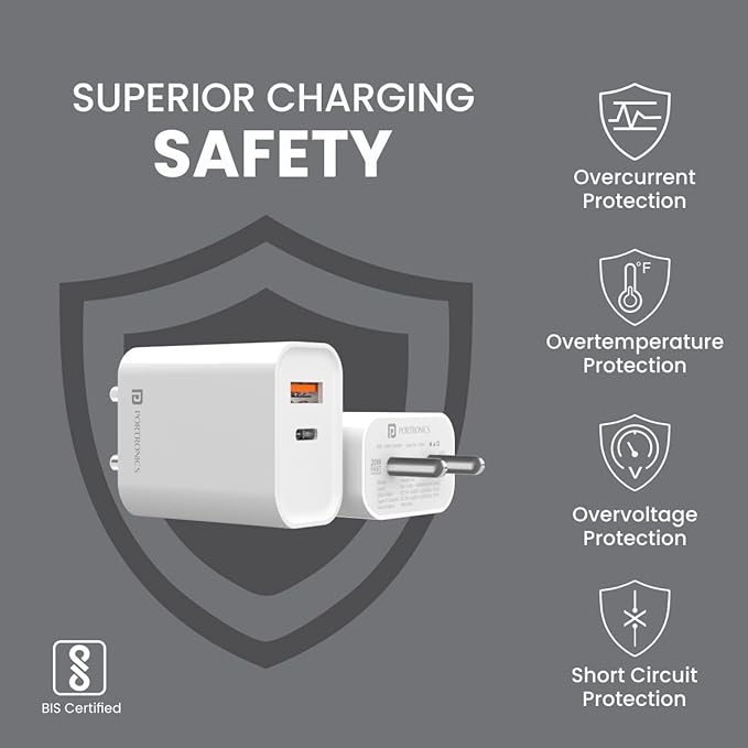 Portronics Adapto 45 20W Mach USB & Type-C Dual Output Super Fast Charger,Wall Adapter Power Delivery 3.0& USB A Fast Charge Adaptor for iPhone,Android & Other Type C Enabled Devices(White),Pack of 1