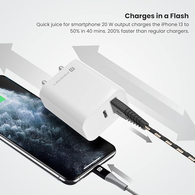 Portronics Adapto 45 20W Mach USB & Type-C Dual Output Super Fast Charger,Wall Adapter Power Delivery 3.0& USB A Fast Charge Adaptor for iPhone,Android & Other Type C Enabled Devices(White),Pack of 1