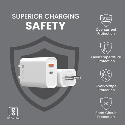 Portronics Adapto 45 20W Mach USB & Type-C Dual Output Super Fast Charger,Wall Adapter Power Delivery 3.0& USB A Fast Charge Adaptor for iPhone,Android & Other Type C Enabled Devices(White),Pack of 1